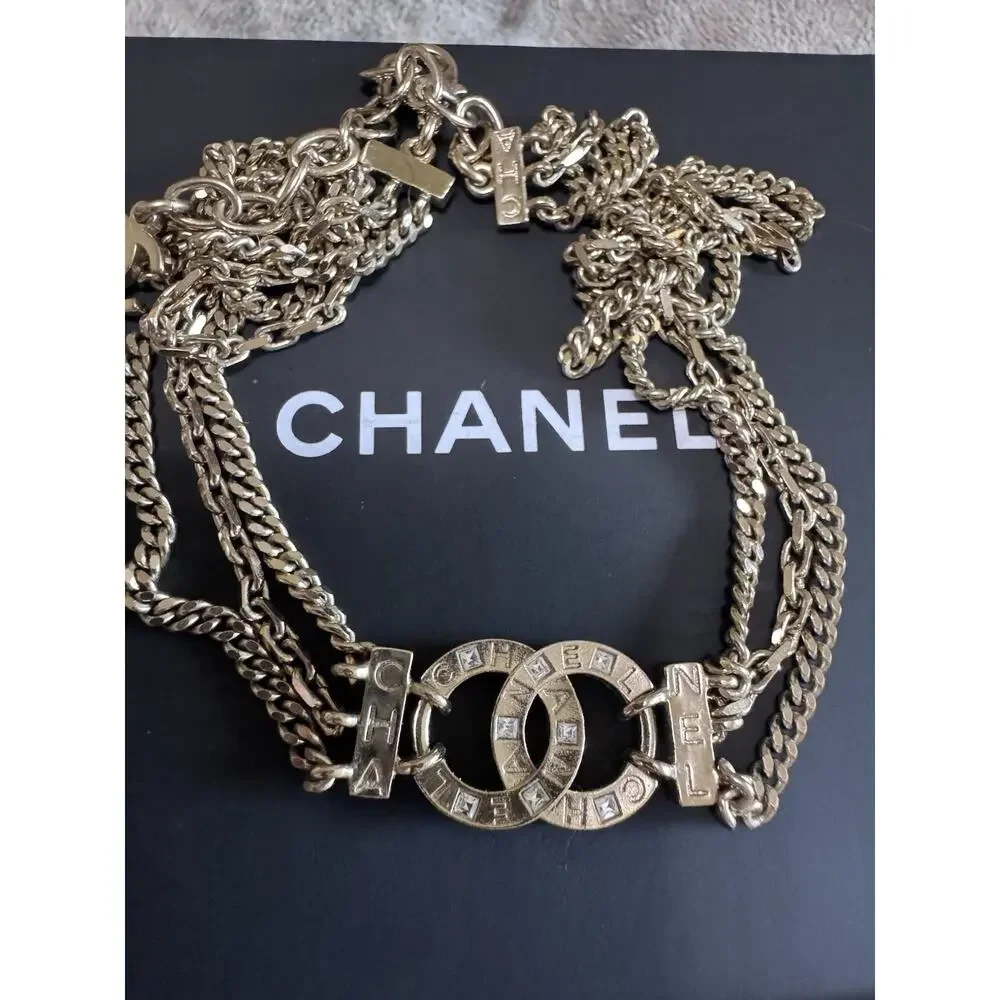 CHANEL 04A CC Logo Multi-Chain Choker Necklace Gold-Tone Strass “CHA NEL” w/ Box